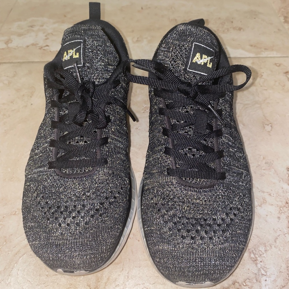 RARE APL athletic propulsion labs black gold silver sneakers tennis shoes 6.5